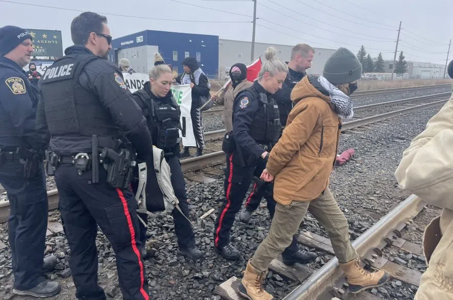 Protesters block railroad tracks in east Regina in support of Palestine
