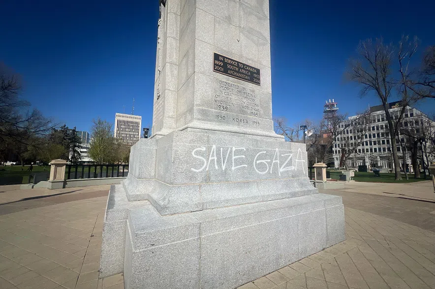 Cenotaph spray painted once again as wave of vandalism hits Regina