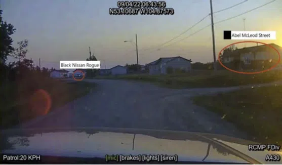 This chilling photo was published in the RCMP report. Myles Sanderson evaded detection from responding officers by stealing multiple vehicles. This photo is from an RCMP vehicle’s dashcam showing how close Mounties were to a black Nissan Rogue that later became the identified suspect vehicle used by Sanderson. (submitted photo/RCMP)