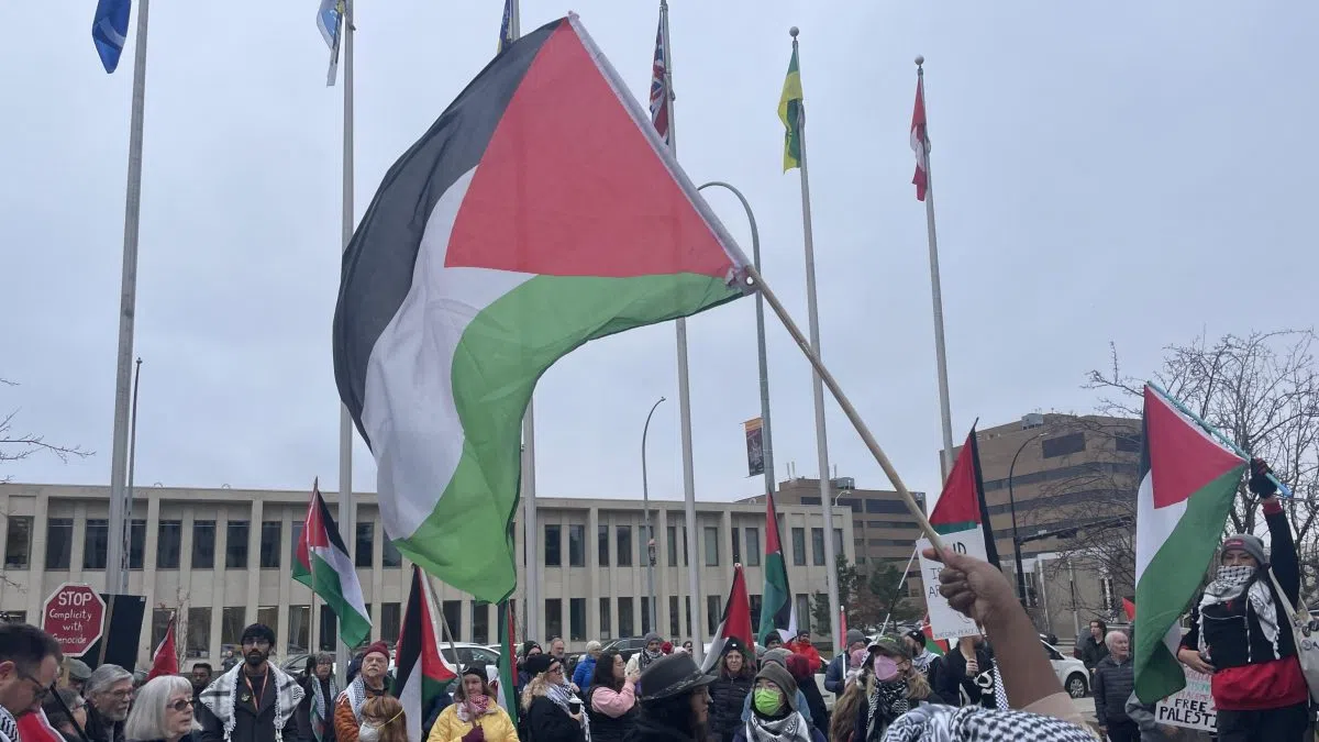 Hundreds rally for Palestine at Regina city hall after flag event ...