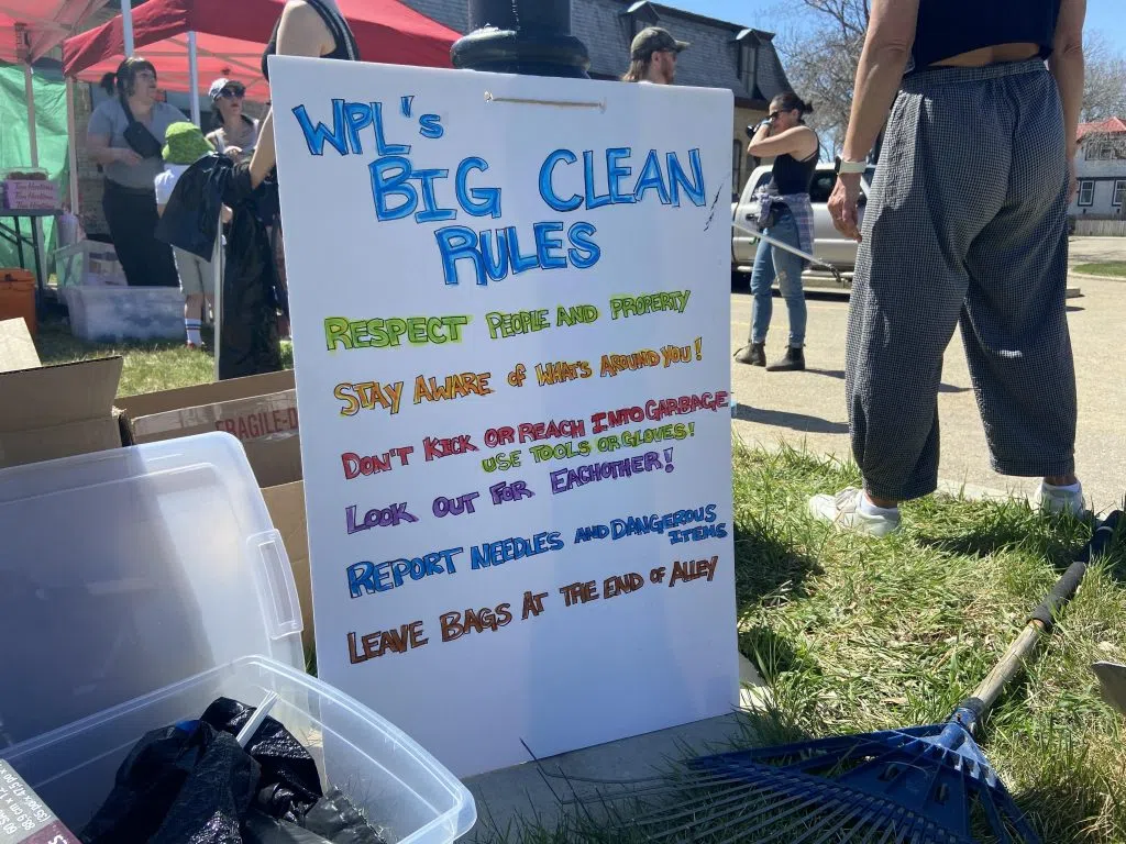 A set of rules was on display in the park. Each group had a team leader who would take care of any hazardous items that were found during the clean up. (Nicole Garn/980 CJME)
