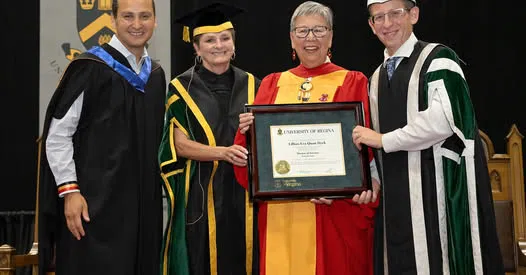 (From left to right) Cadmus Delorme, Pam Klein, Lillian Eva Quan Dyck and Jeff Keshen pictured at a graduation ceremony at the University of Regina. Delorme will succeed Klein as the university's Chancellor (University of Regina, Facebook).