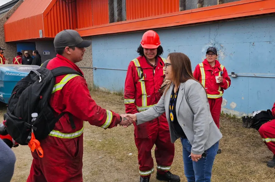 Lac La Ronge Indian Band Chief Tammy Cook-Searson thanks wildland firefighters for their service on June 12, 2025. (Jim Tammy Cook-Searson/Facebook)