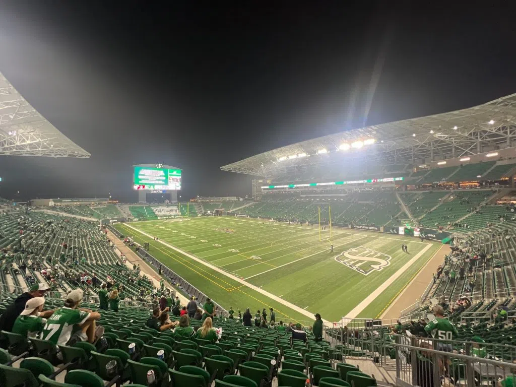 Not a lot of fans remained after 10 p.m. for the match between the Riders and Stampeders. The game was officially called off at 10:45 p.m. and scheduled for the following day. (Abby Zieverink/980 CJME)