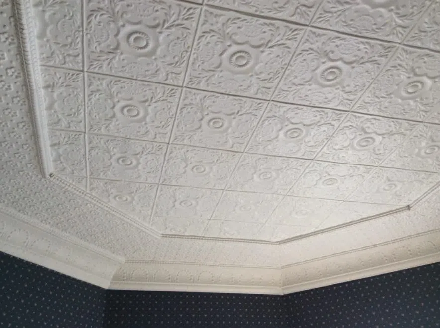Detailed white tin ceiling with floral and geometric patterns in McDonald House