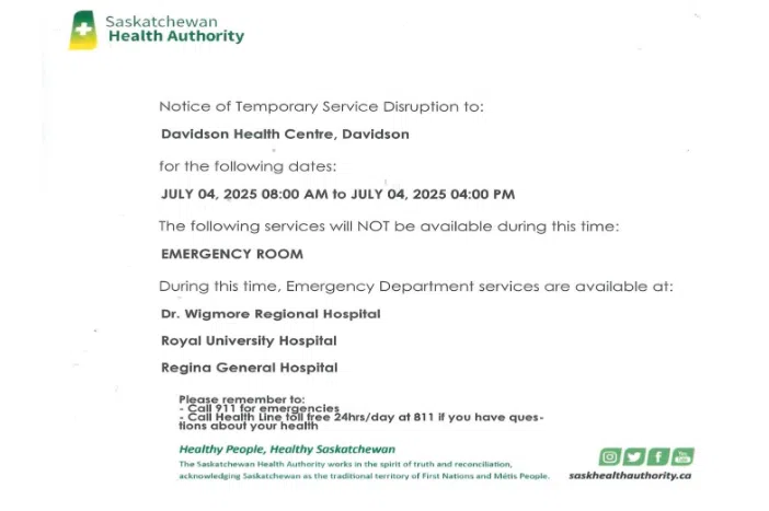 A notice from the Saskatchewan Health Authority notes that Davidson Health Centre will be closed on July 4th, 2025 from 8 a.m. until 4 p.m. It provides a list of other places where emergency department services are available