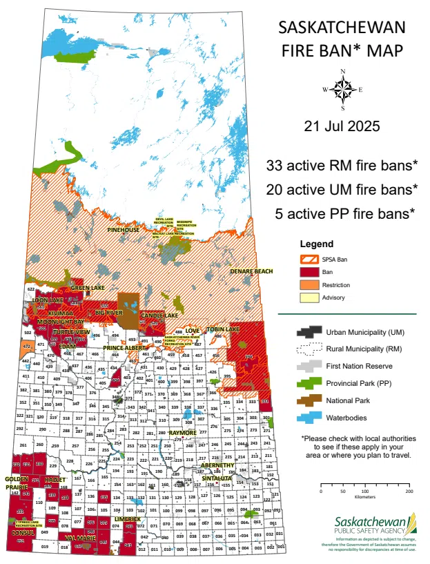 A map of Saskatchewan showing the SPSA fire ban stretching from the provincial forest boundary to Churchill River