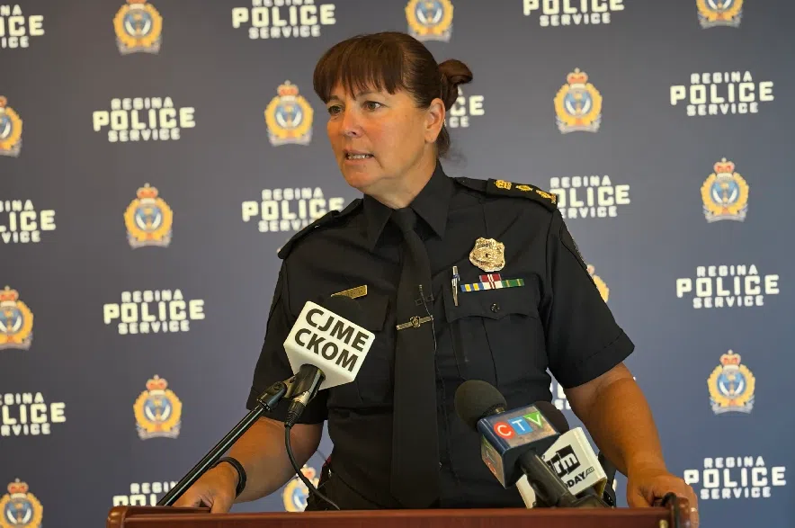 Lorilee Davies, acting chief of the Regina Police Service, speaks to reporters.