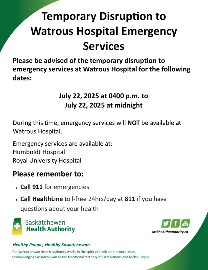 A notice from the Saskatchewan Health Authority details that emergency services at Watrous Hospital will be unavailable on July 22, 2025 from 4 p.m. until midnight