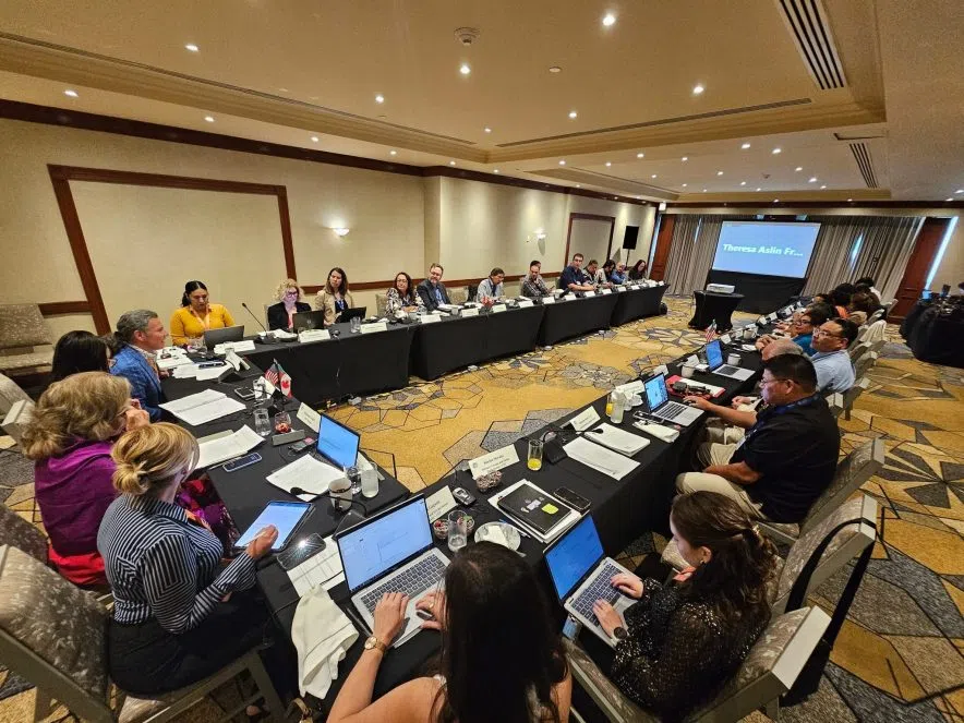 Delegates from Canada, Mexico, and the U.S. seated around a long conference table during a formal meeting.