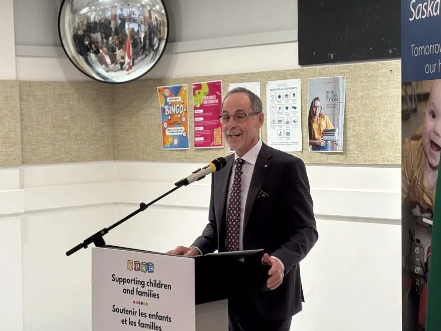 Dr. Larry Rosia, president of Sask Polytech, delivers remarks at childcare funding announcement.