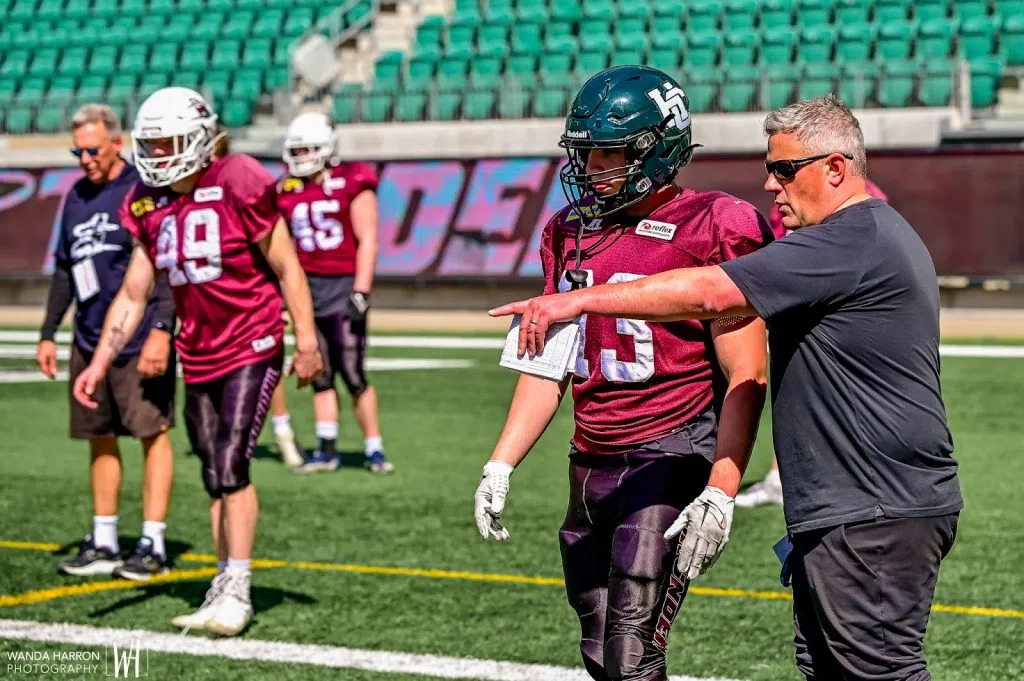 Head coach Scott MacAulay (right) coaching during the 2025 spring camp (Wanda Harron/Regina Thunder).