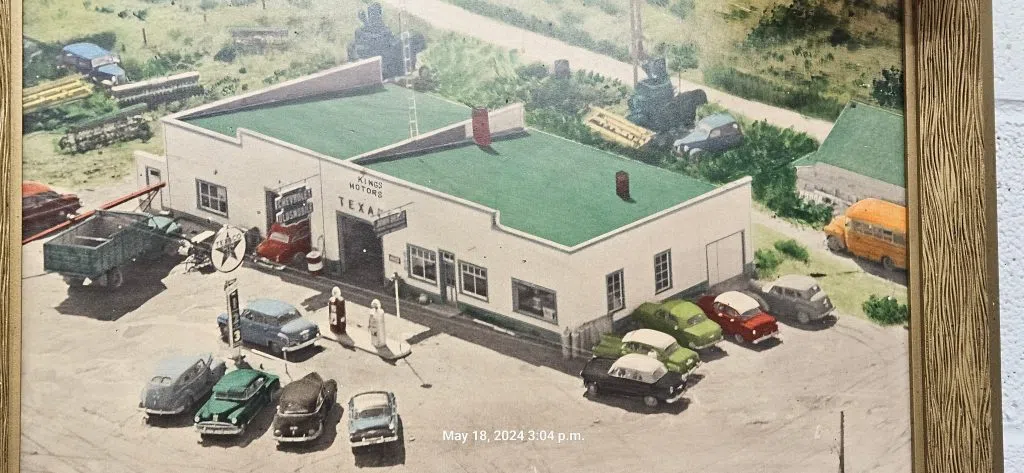 Vintage aerial view of King’s Motors Texaco garage in Saskatchewan, where Keith King spent decades running the family business.