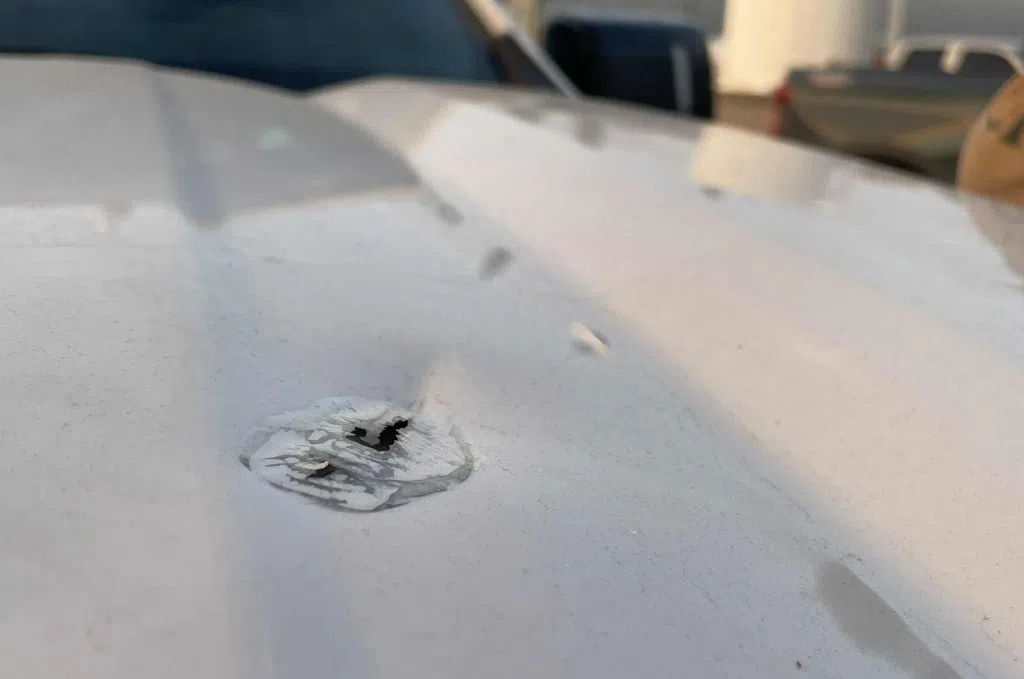 A bullet hole in a truck in Rouleau, Saskatchewan.