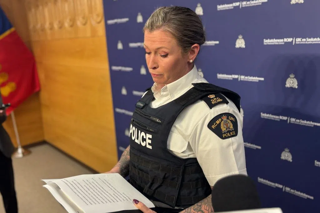 Inspector Ashley St. Germaine of the RCMP Major Crimes Branch spoke with media Saturday afternoon and said the investigation is still in its infancy. (Jacob Bamhour/980 CJME)