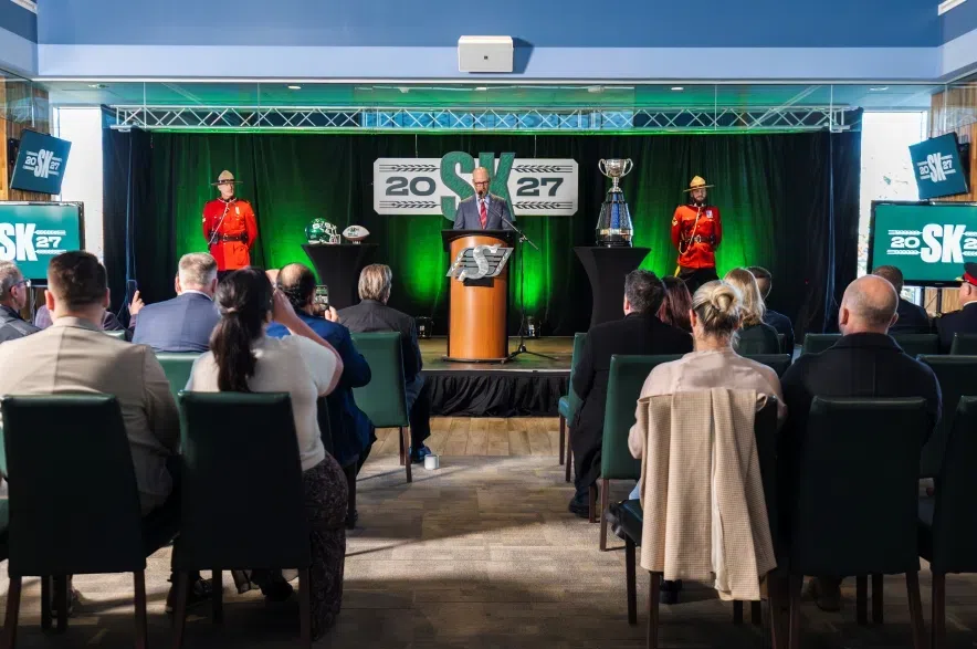 On Monday, CFL commissioner Stewart Johnson, flanked by two Saskatchewan RCMP officers, announced that the 2027 Grey Cup will be played in Regina.