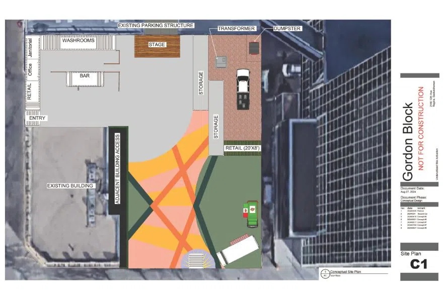 A site plan showing the layout of The Skuare project in downtown Regina, with labelled sections for a stage, bar, washrooms, retail spaces, and public areas at the former Gordon Block site.