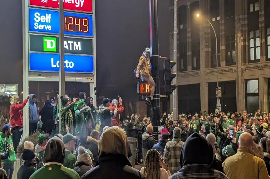 Fans packed the streets in downtown Regina, celebrating on the "Green Mile" after the Riders won the 112th Grey Cup. (Lisa Schick/980 CJME)