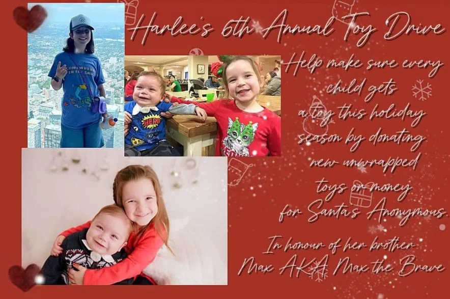 A red holiday poster titled “Harlee’s 6th Annual Toy Drive” 