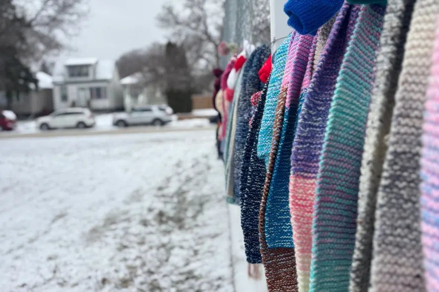 Rows of colourful knitted scarves hang from a chain-link fence at the Al Ritchie Rink on a snowy morning.