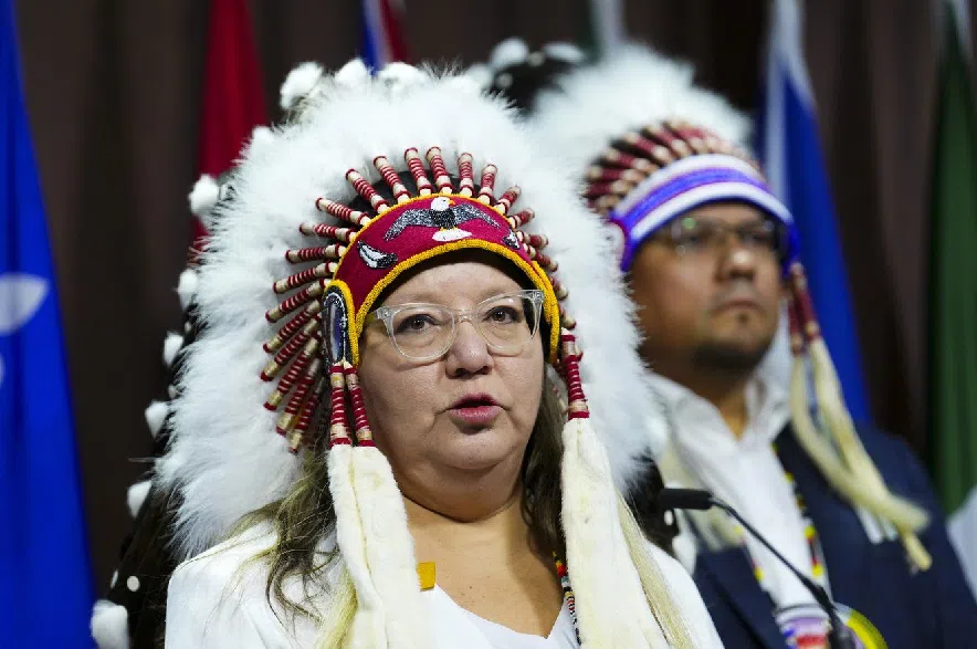 Assembly of First Nations (AFN) National Chief Cindy Woodhouse Nepinak, left, and Willie Moore Regional Chief for Manitoba, hold a press conference on Parliament Hill in Ottawa on Tuesday, Sept. 16, 2025.
