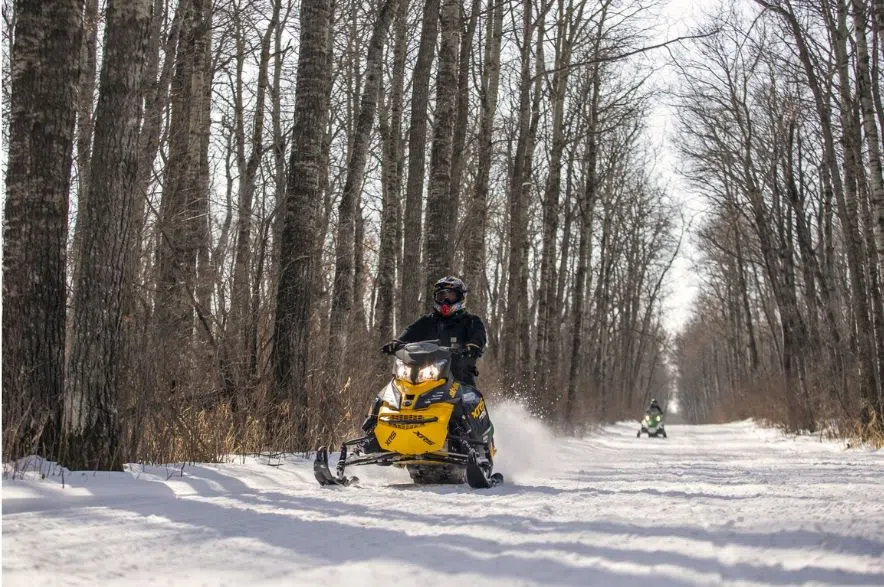 Man riding snowmobile in Moose Mountain Provincial Park.