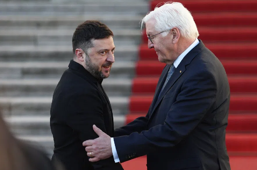 German President Frank-Walter Steinmeier welcomes Ukraine's President Volodymyr Zelenskyy at the Bellevue Palace in Berlin, Germany, Monday, Dec. 15, 2025.