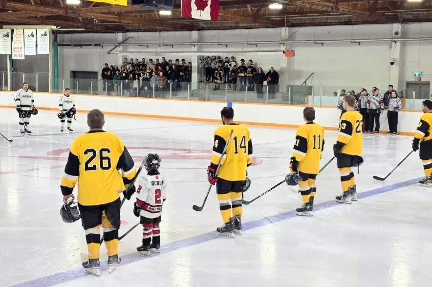 Hockey players lined up on the ice with spectators in the background at the Avonlea rink.