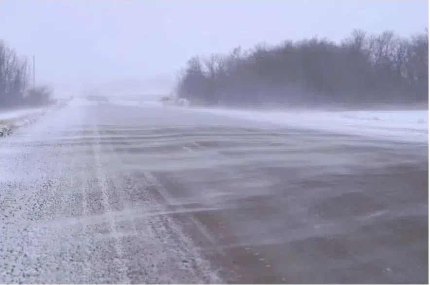 Blowing snow on a Saskatchewan highway in the winter.