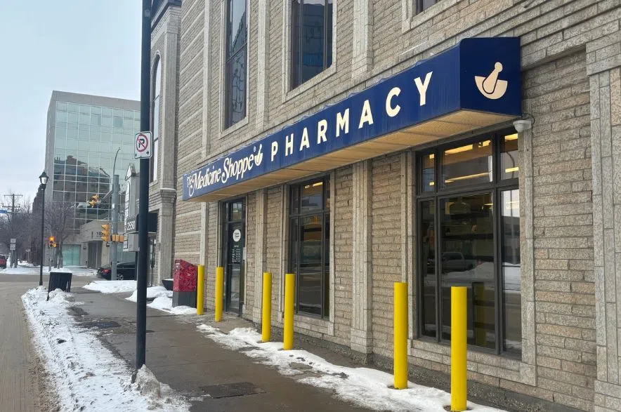 A Medicine Shoppe pharmacy on 12th Avenue in Regina, Sask., with snow along the sidewalk during winter as flu activity rises across the province.