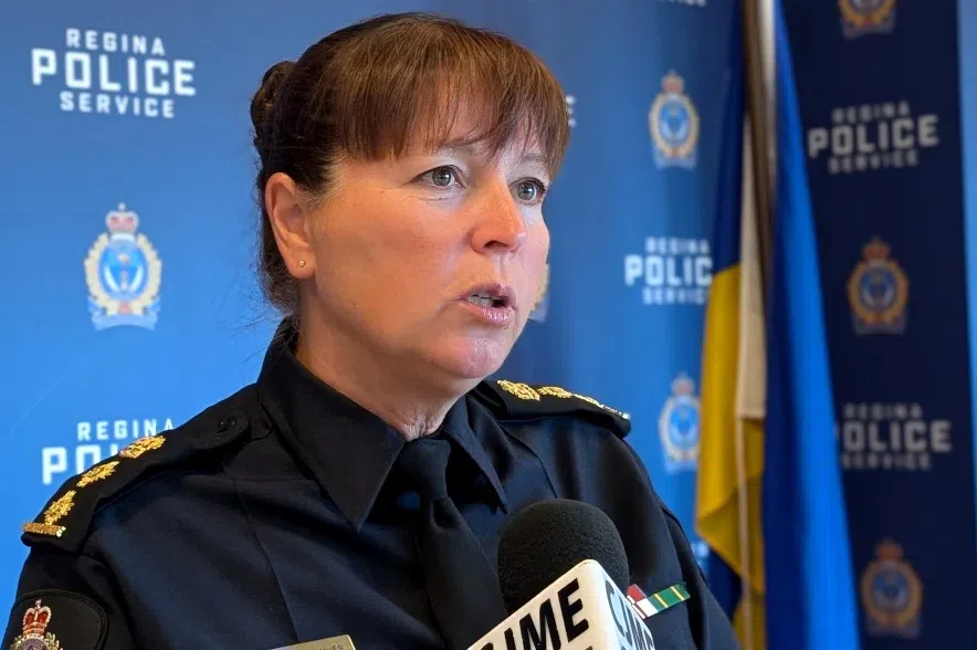 Regina police chief Lorilee Davies speaking to reporters.