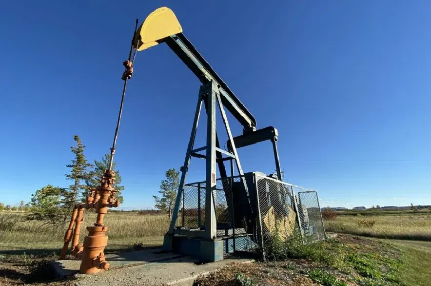 A pumpjack working at an oil well in Saskatchewan.