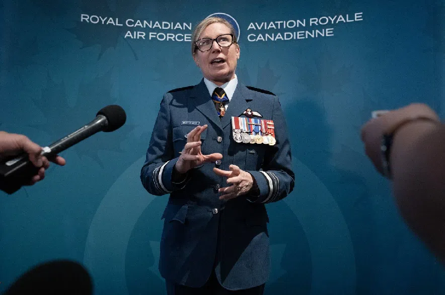 Lt.-Gen. Jamie Speiser-Blanchet speaks with media following a change-of-command ceremony at the Museum of Aviation in Ottawa on Thursday, July 10, 2025.