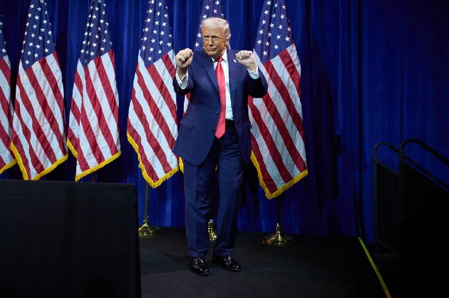President Donald Trump dances as he walks off stage after speaking to House Republican lawmakers during their annual policy retreat, Tuesday, Jan. 6, 2026, in Washington.
