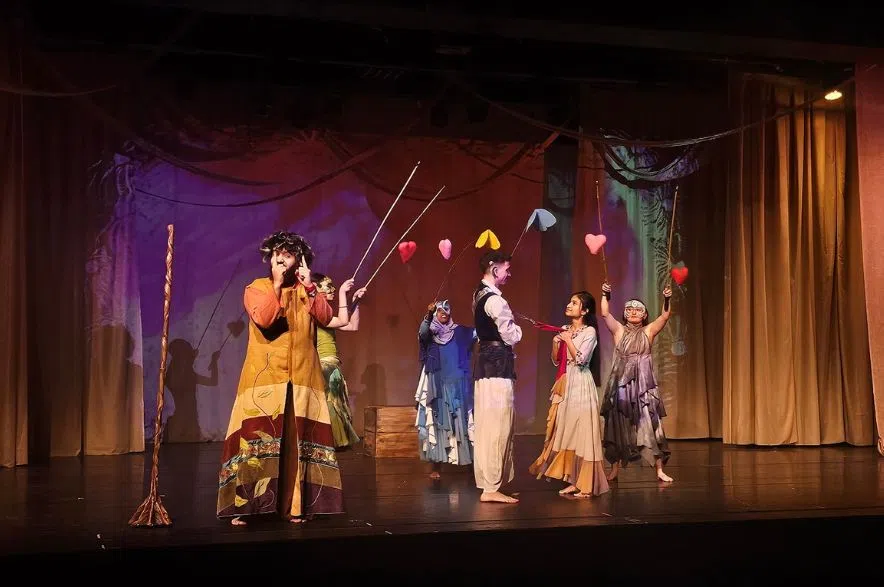 Actors performing stage scene Deaf Tempest Regina visual Shakespeare production