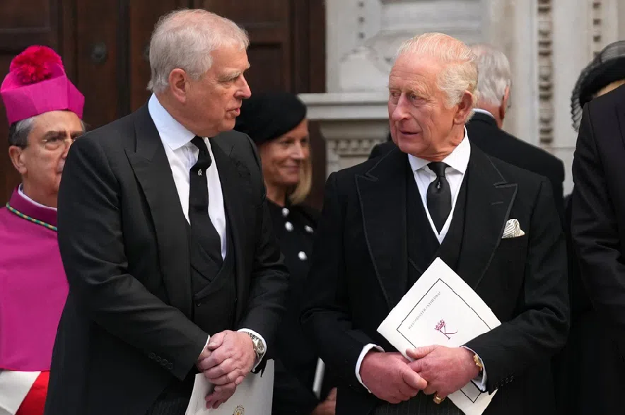 Then-Britain's Prince Andrew, left, and Britain's King Charles III leave after the Requiem Mass service for the Duchess of Kent at Westminster Cathedral in London, Sept. 16, 2025.