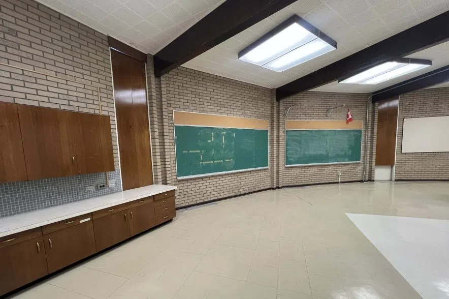An empty school classroom.