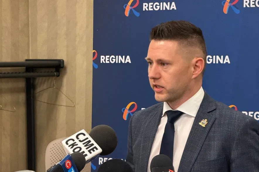 Regina Mayor Chad Bachynski speaking to reporters in Regina on Feb. 11, 2025.