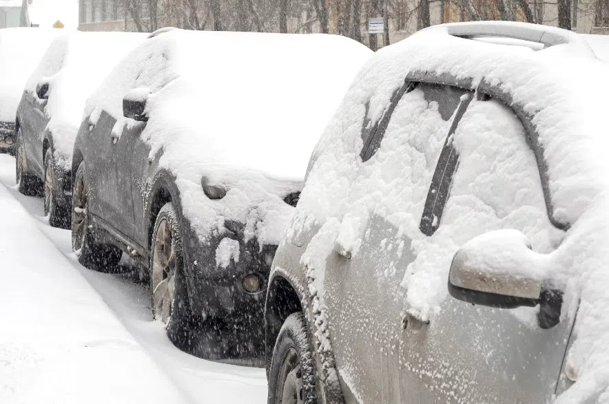 A line of cars covered in snow.
