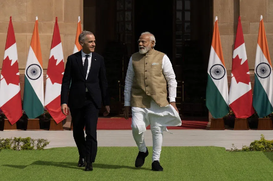 Prime Minister Mark Carney meets Indian Prime Minister Narendra Modi at Hyderabad House in New Delhi, Monday, March 2, 2026.