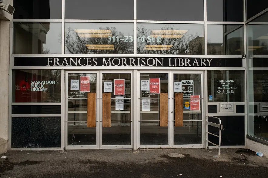 The main entrance to the closed Frances Morrison Central Library in Saskatoon on Monday, March 24, 2025. The central library was among two branches in Saskatoon that closed due to a high number of overdoses, violence and safety issues.