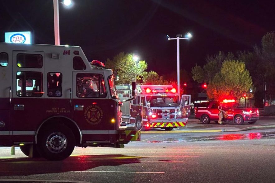 Firefighters at a fire at a strip mall in Regina on Sept. 25, 2026.