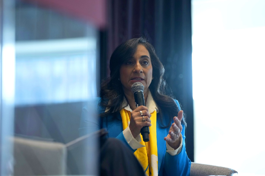 Minister of Foreign Affairs Anita Anand speaks at a fireside conversation at the University of Ottawa, marking four years since the full-scale invasion of Ukraine, in Ottawa, on Tuesday, Feb. 24, 2026.