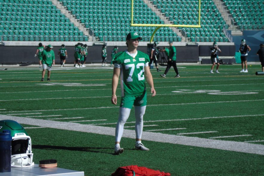 Saskatchewan Roughriders kicker Dawson Hodge on the sidelines during practice.