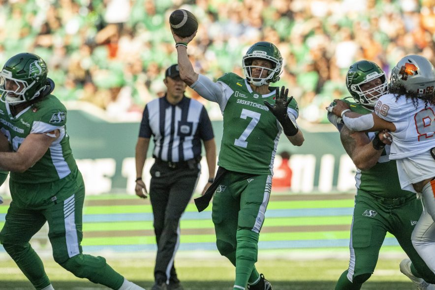 The Saskatchewan Roughriders quarterback Trevor Harris throws a pass during a game against B.C.