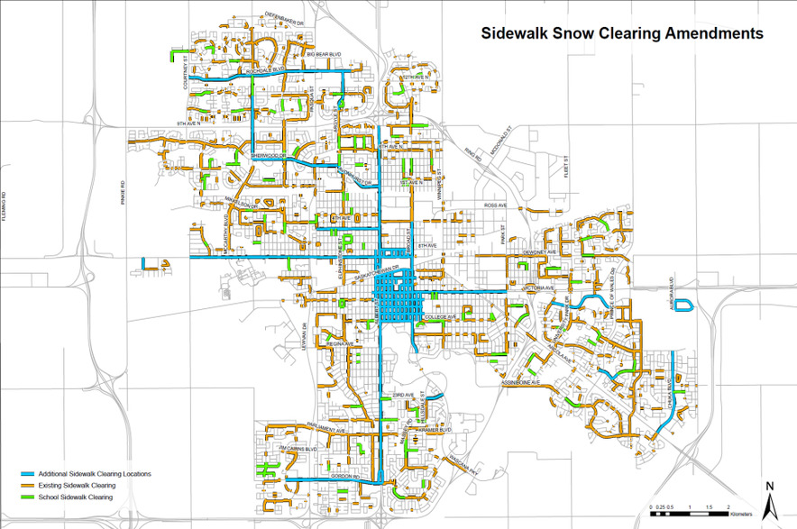 A map of Regina showing sidewalks that will be cleared of snow by city crews this winter.