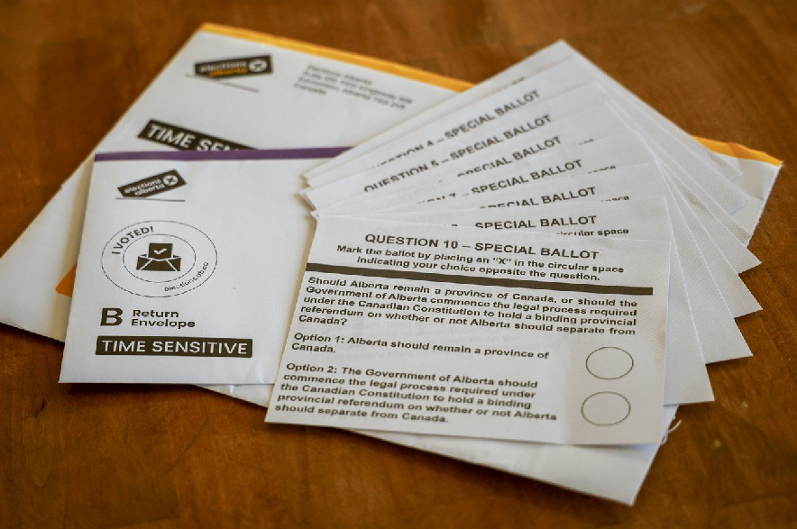 Alberta referendum mail-in special ballots are seen in Calgary, Thursday, Sept. 24, 2026.