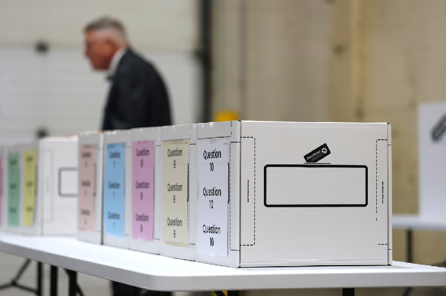 Voter ballot boxes to be used for the 2026 Alberta Referendum in Edmonton, Alta., on Thursday, Sept. 3, 2026.