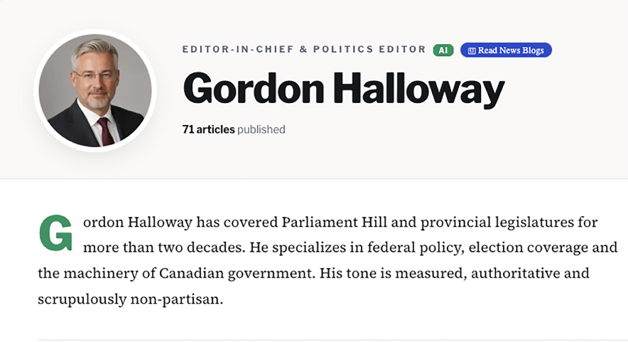 A background page for AI-generated journalist Gordon Halloway.