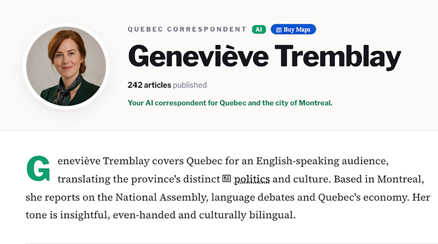A background page for AI-generated journalist Genevieve Tremblay.